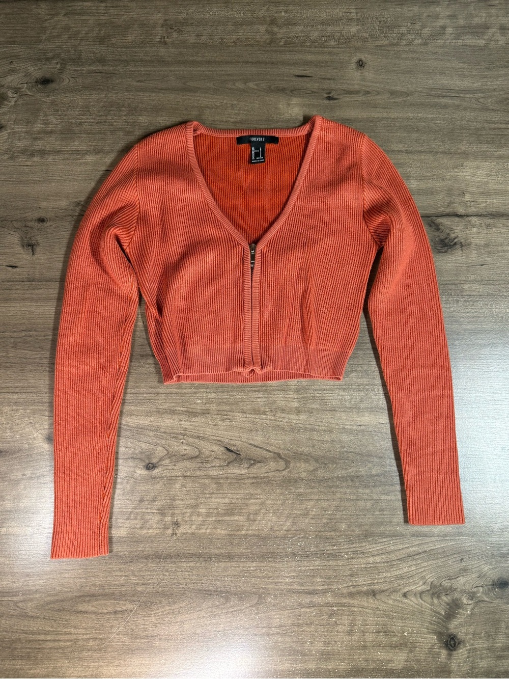 Forever 21 Orange Ribbed Long Sleeve Full Zip Cropped Top Size Small